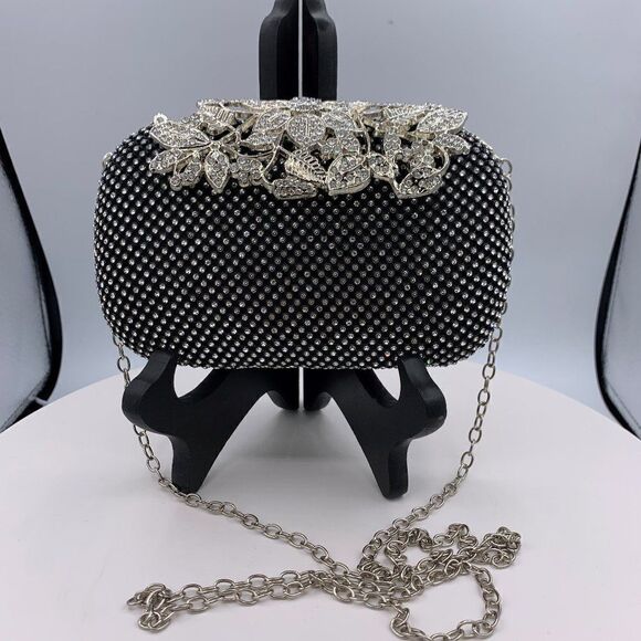 NWOT, black evening clutch, cross body bag, purse, rhinestones, shoulder chain - Picture 1 of 14